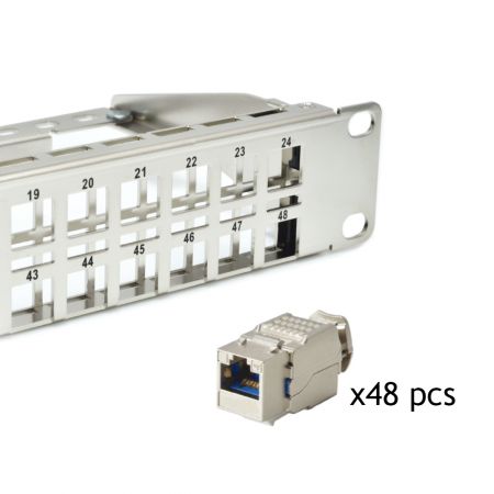 ISO/IEC Cat 6a - 48 port-1U Panel w/Wire Management, Loaded with
ISO/IEC-11801 and ANSI/TIA 568.2-D Cat 6a Toolless Keystone Jacks.